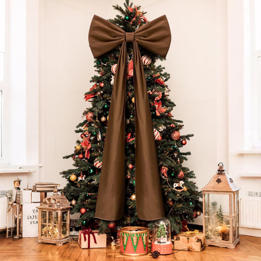 Moño Gigante de Terciopelo para Árbol de Navidad – 50 x 180 cm | Decoración Navideña Marrón