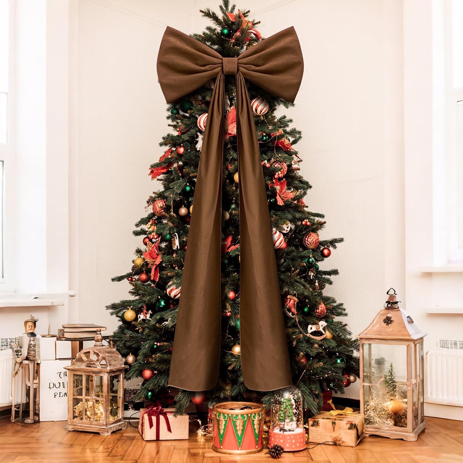 Moño Gigante de Terciopelo para Árbol de Navidad – 50 x 180 cm | Decoración Navideña Marrón