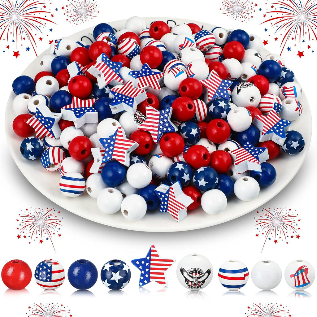 Chunful 300 Cuentas de Madera 4 de Julio | Patrioticas Rojo Blanco Azul Bandera Estrella America para Manualidades DIY 9 Disenos