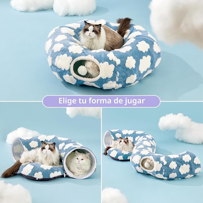 Cama de Túnel para Gatos Lesure - Juguetes de Túnel de Donut para Gatos Pequeños y Grandes con Cojín Circular Lavable, Juguete de Cueva para Mascotas para Gatito/Cachorro/Conejo, Nubes Acogedoras Azul
