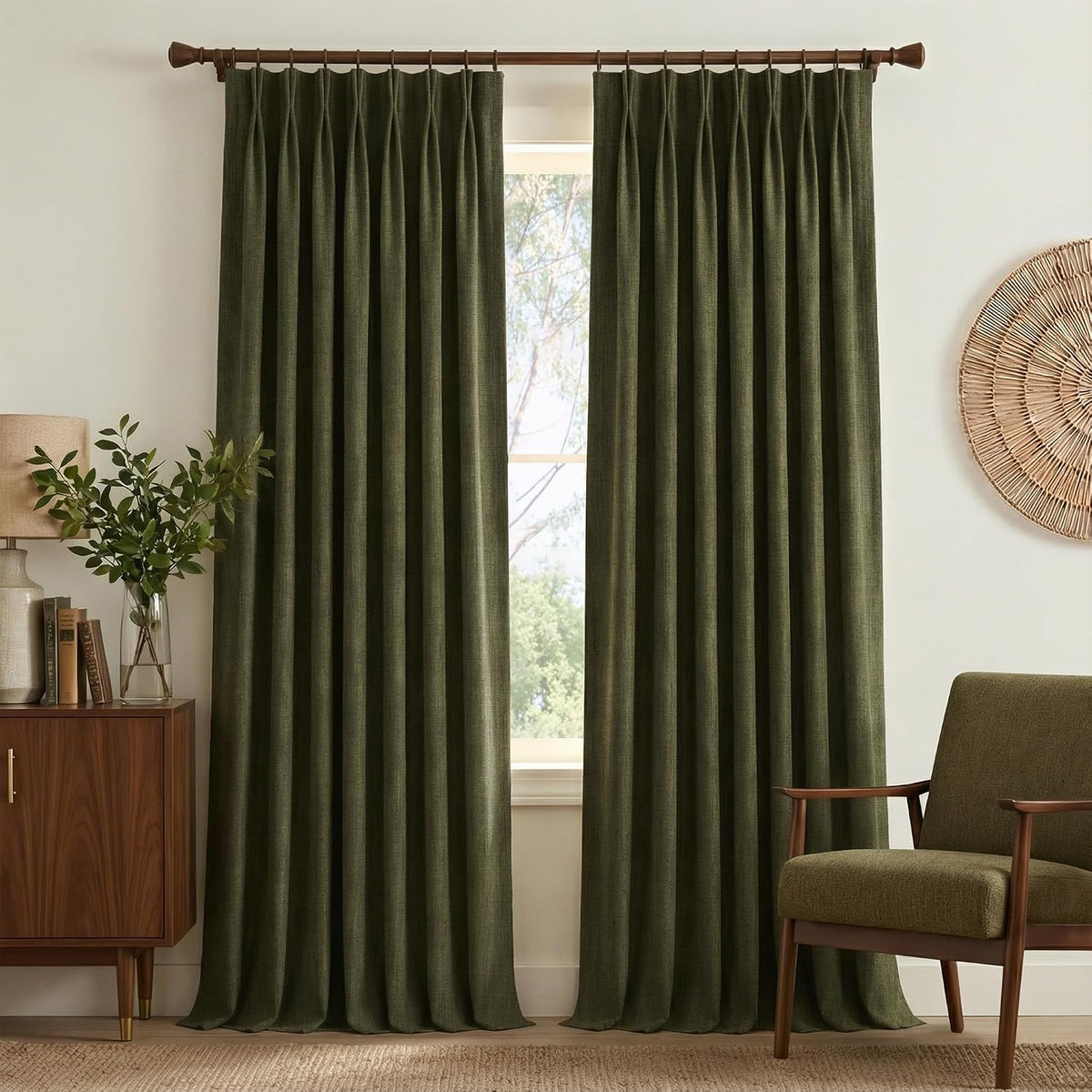 FALTAN LOS GANCHOS-Cortinas extralargas de lino plisado NICETOWN de 2, 74 m (9 pies) - Verde oliva vintage, opacas, de suelo a techo, ideales como separador de ambientes para una decoración de pared moderna y lujosa, 101, 6 cm (40 pulgadas) x 274