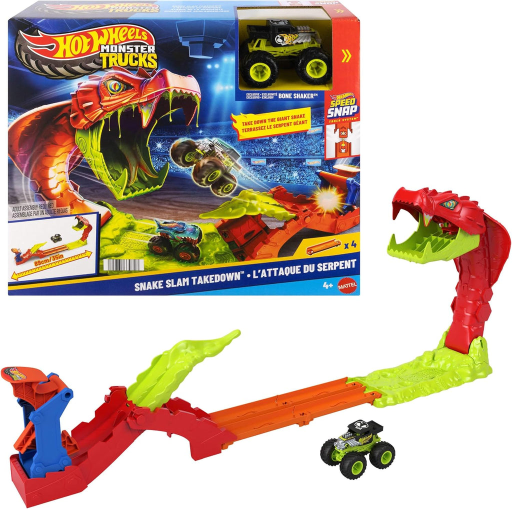 Set de juego de Hot Wheels Monster Trucks, pista Snake Slam Takedown con vehículo de juguete Bone Shaker exclusivo a escala 1:64, incluye pista.