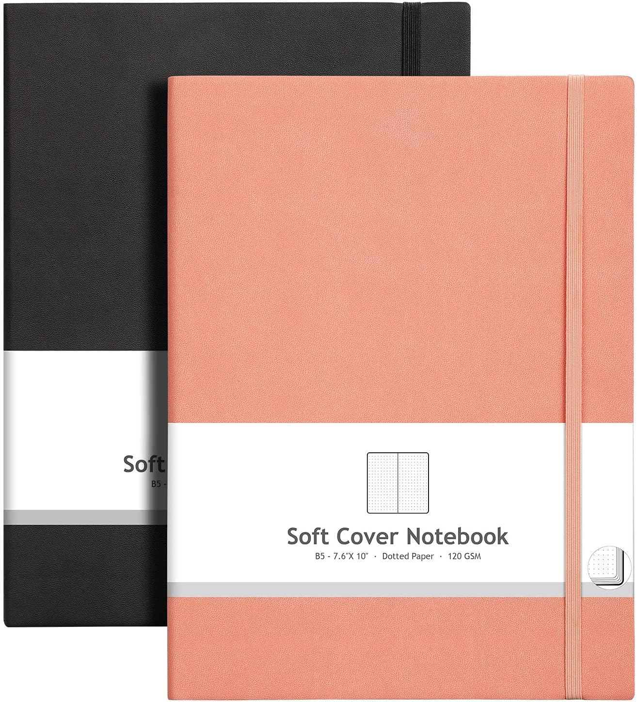AHGXG Bullet Dotted Journal 2 Pack - B5 Large Journal Dot Grid Notebook (7.6'' X 10'') with Thick 120gsm Dot Paper, Soft Leather Cover, Total 384 Pages, Inner Pocket - BlackPink