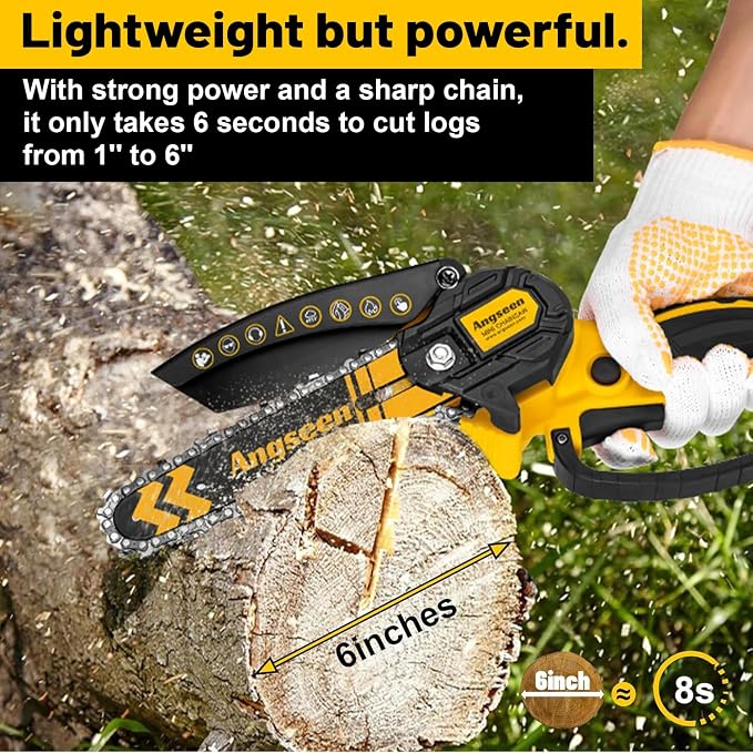 Mini motosierra inalámbrica sin escobillas de 6 pulgadas, motosierra eléctrica a batería con 2 baterías de 2.0 Ah y 2 cadenas súper, pequeña motosierra eléctrica para cortar árboles, cortar madera, árboles