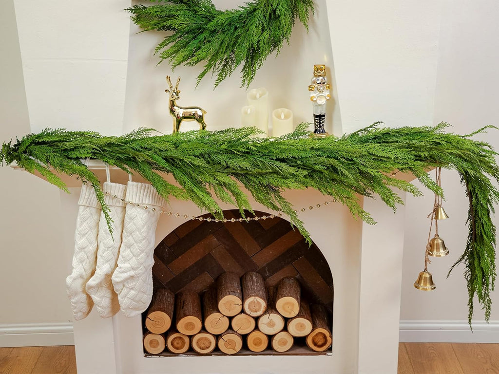 6FT Extra Full Cedar Garland Real Touch Faux Cedar Garland Christmas Greenery for Mantle Stairs Table Wall Front Door Indoor Outdoor Christmas Xmas Decor Decorations