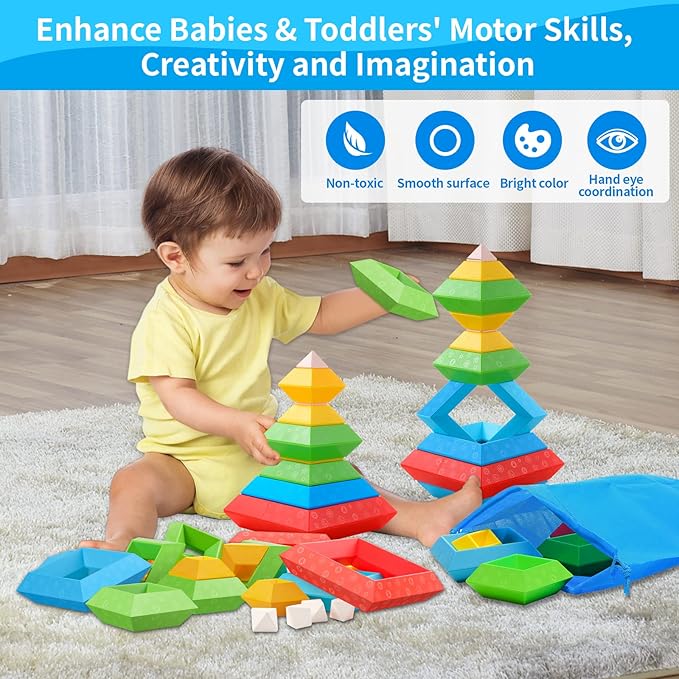 Hieoby Juguetes Montessori para niños pequeños, niños y niñas, actividades de aprendizaje preescolar, 30 piezas, bloques de construcción, apilables, juguetes educativos STEM para niños pequeños