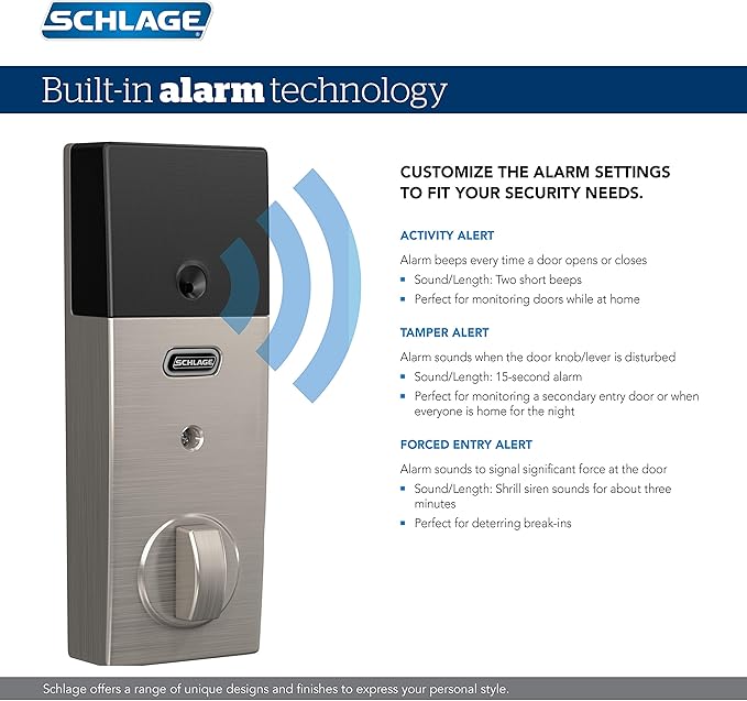 Schlage Connect BE469ZP CEN 619 - Cerradura de seguridad inteligente con alarma incorporada, moldura Century en níquel satinado