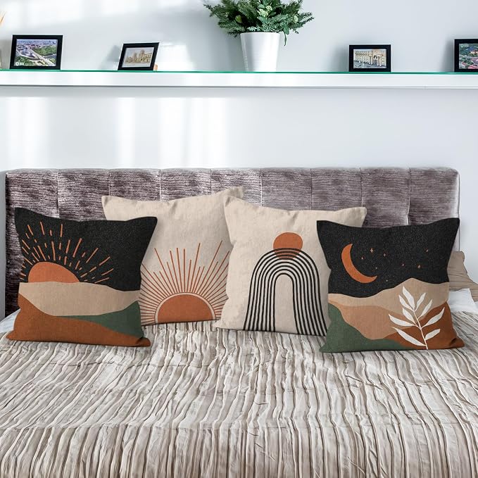 HIWX Set de 4 Fundas de Cojín Boho | Diseño Sol, Luna y Montañas | Estilo Moderno Paisaje | Decoración para Dormitorio, Sala y Exterior