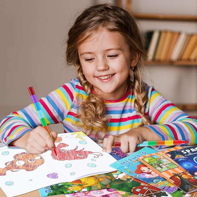 BenLouis Set 24 Mini Libros para Colorear + 24 Crayones Apilables – Para Niños 4-12 Años, Fiestas, Bolsas de Regalo y Viajes (Clásico)