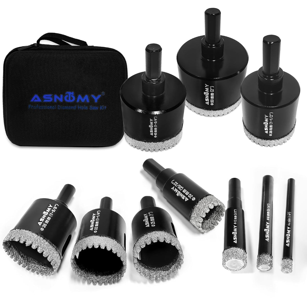 Juego de 10 brocas de diamante para perforar, brocas de diamante dentadas de 1/4" a 2" de pulgada para soldadura fuerte y azulejos, con guía de molde de EVA para porcelana, vidrio, cerámica, piedra, granito y mármol.