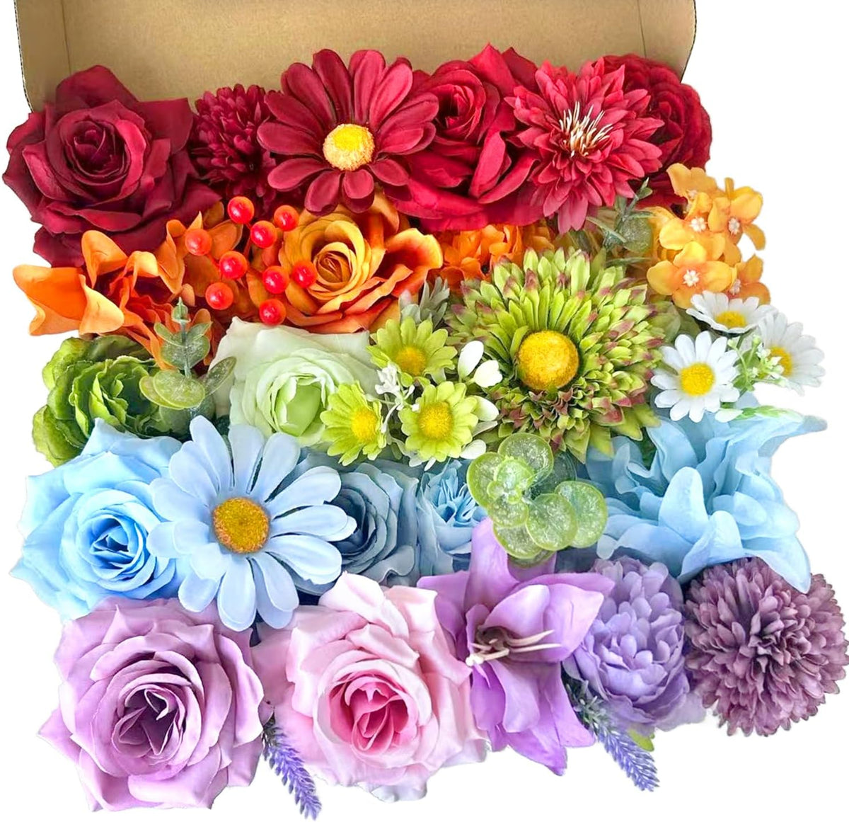 Caja Combo Flores Artificiales Coloridas Juego Arco Iris Rosas Seda con Tallos Girasol DIY Ramos Nupciales Boda Ramos Falsas Arreglos Florales Pastel Falso Flores Centros Mesa Fiesta Decoración Hogar