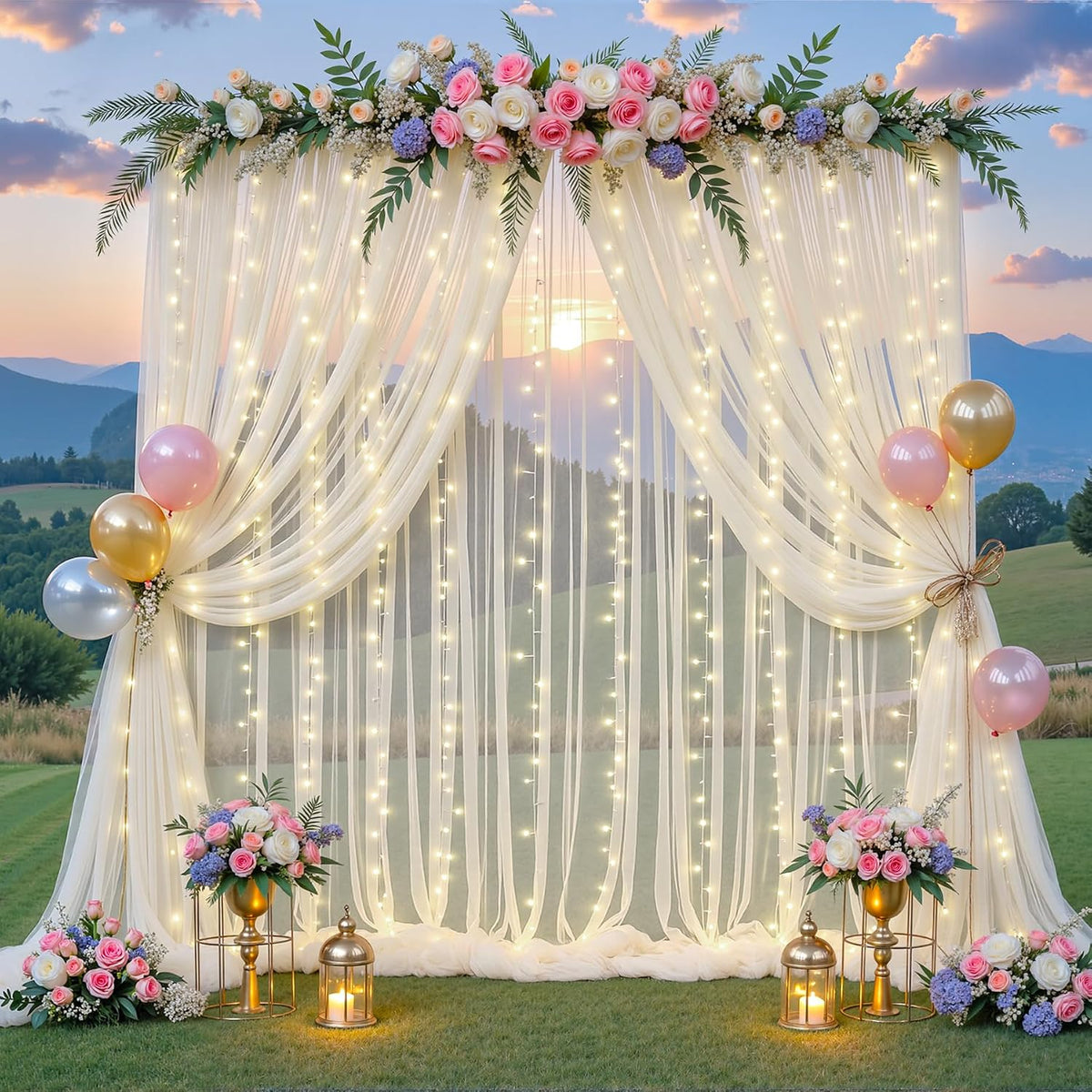 Cortinas de Fondo de Tul Marfil con Guirnalda de Luces 3x2,4 m – Para Bodas, Baby Shower, Cumpleaños y Fotos