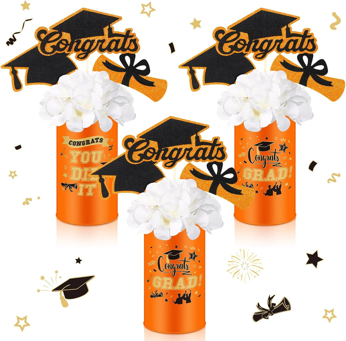 Domensi 3 Sets de Centro de Mesa de Graduacion Class of 2026, Incluye Flores de Seda, 9 Palitos Congrats Grad y 3 Floreros Metalicos, Naranja