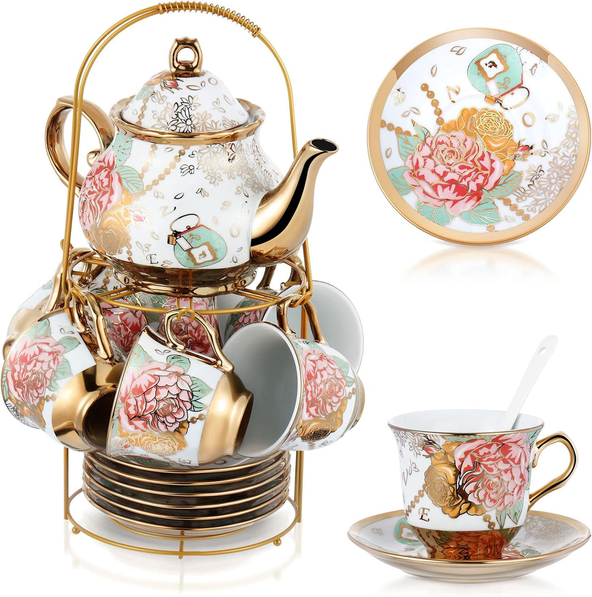 Juego de té de porcelana Zhehao de 20 piezas con soporte de metal y cuchara. Juego de té de cerámica para adultos con diseño de flores europeas: tetera, taza, platillo y cuchara. Regalo ideal para mujeres y madres. Versión grande (estilo brillante).