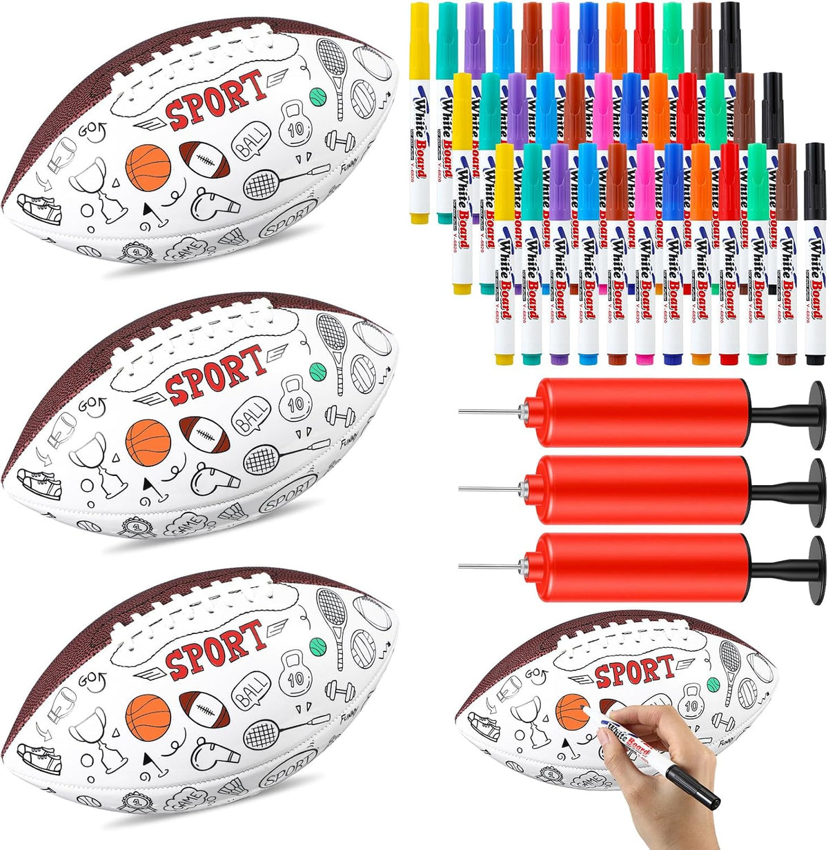 Soulchen 42 piezas de balones de fútbol de 10 pulgadas, colorea tus propios balones, kit de manualidades, balones de fútbol para adultos con diseños personalizados. Incluye 3 balones, 36 marcadores y 3 infladores. Regalo ideal para adultos.