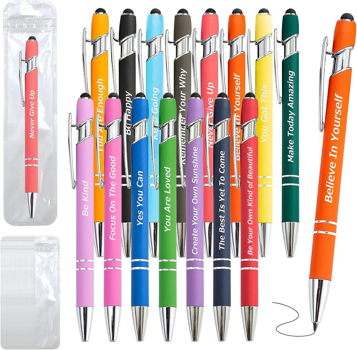 Kit de 60 bolígrafos inspiradores con punta de lápiz táctil y frases: 30 bolígrafos motivacionales + 30 bolsas individuales; citas inspiradoras e ideas positivas; para profesores, oficinas, escuelas, reuniones y eventos de equipo (rosa).