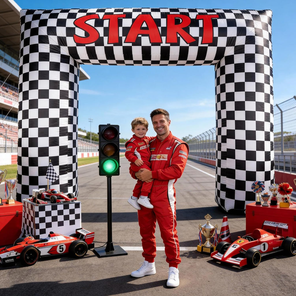 Arco inflable de 2.4 m con diseño de autos de carreras, arco inflable a cuadros con luz LED, arco inflable de doble cara con línea de salida y meta para fiestas temáticas de carreras, cumpleaños y deportes