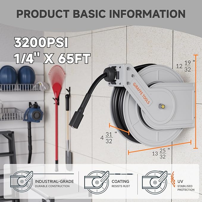 Carrete de manguera retráctil para lavadora a presión, montado en la pared, almacenamiento de manguera de rebobinado automático de 65 pies, acero resistente de 3200 PSI