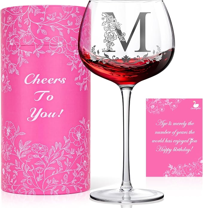 Copas de vino personalizadas para mujer, copas de vino con iniciales,regalos de cumpleaños con monograma para mujeres: mamá, amiga, hermana, esposa (letra M).