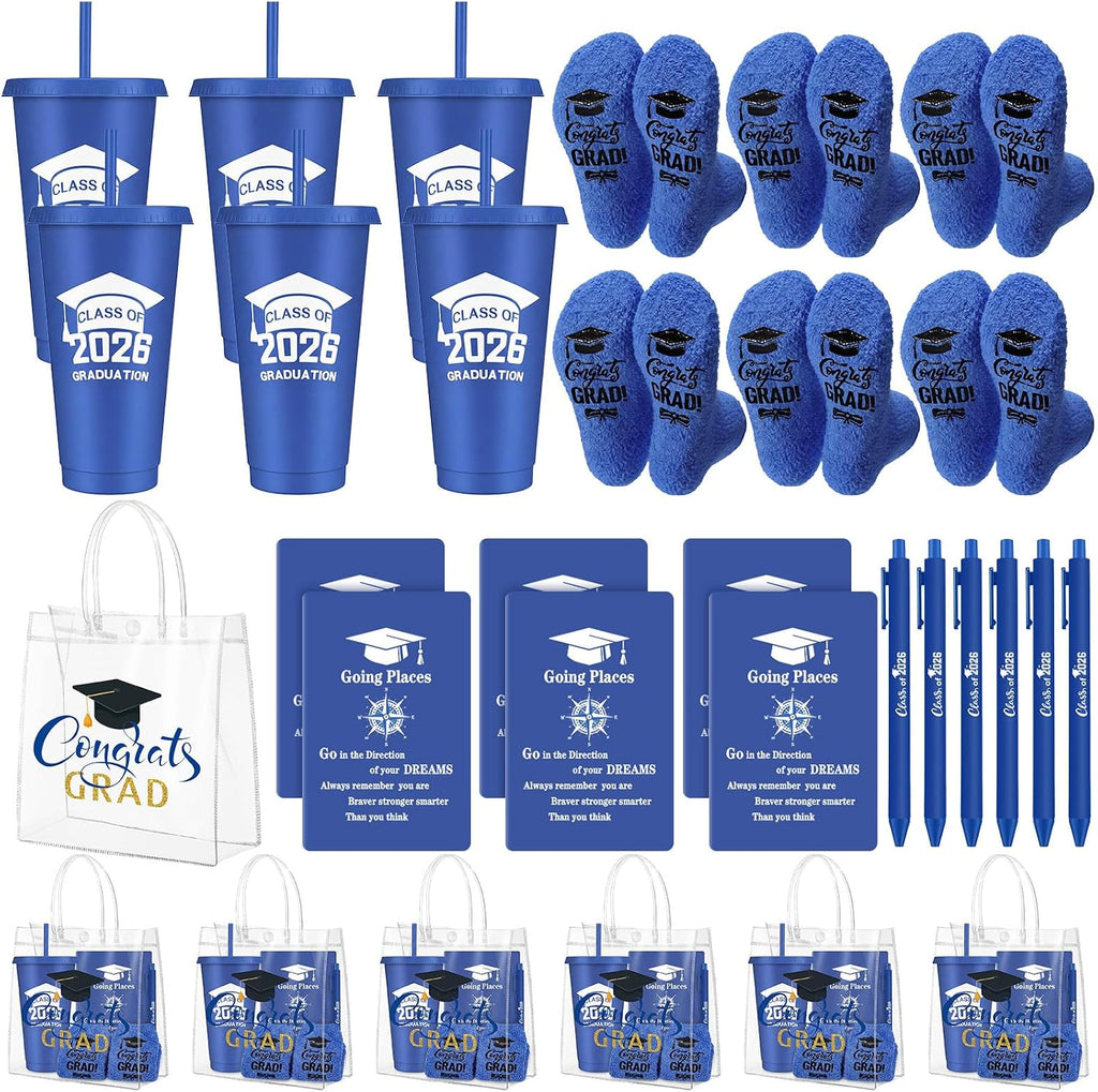 LemonRoad 30 piezas Regalo de graduación Clase de 2026 al por mayor Felicidades Grad Bolsa de regalo de PVC y calcetines Vasos de plástico con tapa y pajita Bolígrafos Bloc de notas inspiradores Recuerdos para fiestas de graduación