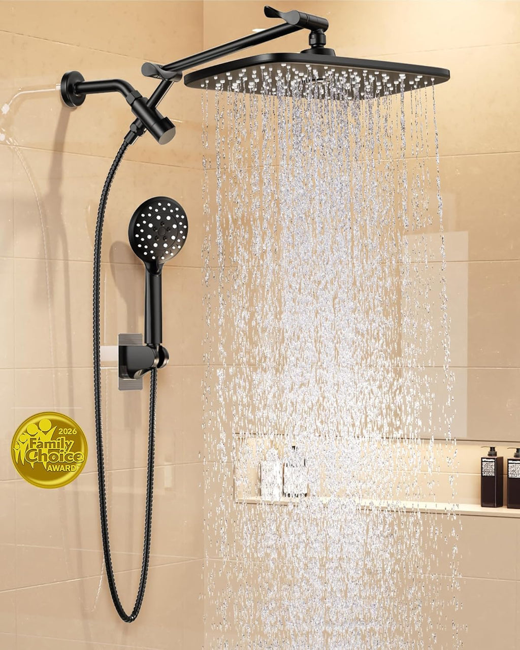 Veken 11.8" Rain Shower Head with Handheld, High Pressure Handheld Shower Heads with Multi Spray Modes, Rainfall Combo with 15" Metal Extension Arm,Detachable Dual Shower, Long 6 ft. Hose,Matte Black