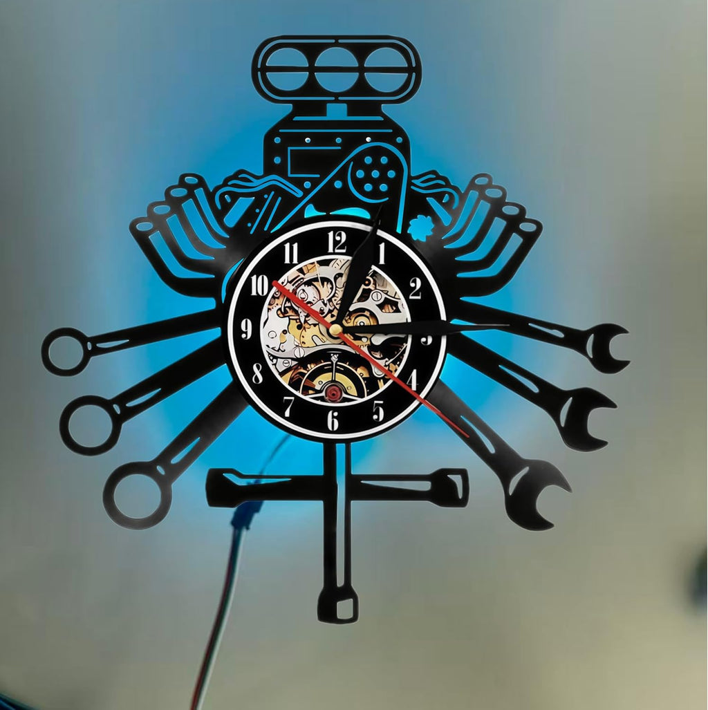 Reloj de Pared con Diseno Unico de Motor V8 | Silencioso Sin Tic-Tac | Estilo Mecanico para Hogar y Oficina | Regalo Ideal para Amantes de Autos y Hombres | 12 pulgadas con LED