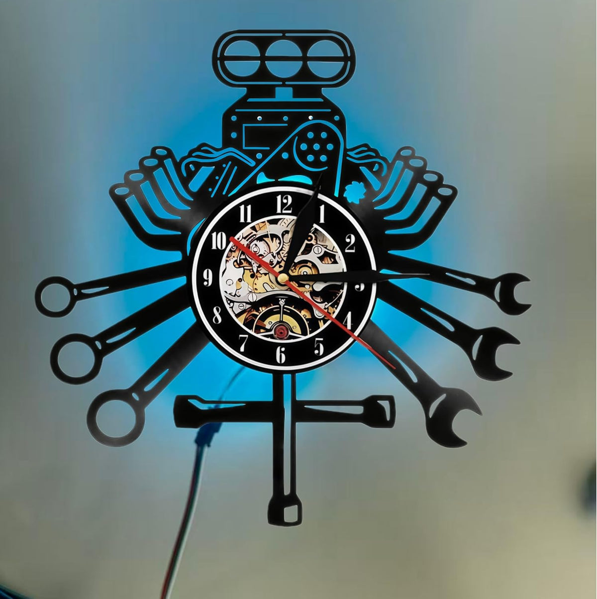 Reloj de Pared con Diseno Unico de Motor V8 | Silencioso Sin Tic-Tac | Estilo Mecanico para Hogar y Oficina | Regalo Ideal para Amantes de Autos y Hombres | 12 pulgadas con LED