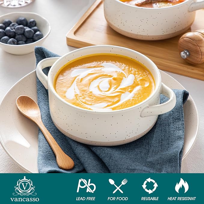 Bowls de Sopa Francesa vancasso Sabine con Asas – Set de 2 Tazones 30 Oz Aptos para Horno, Color Crema