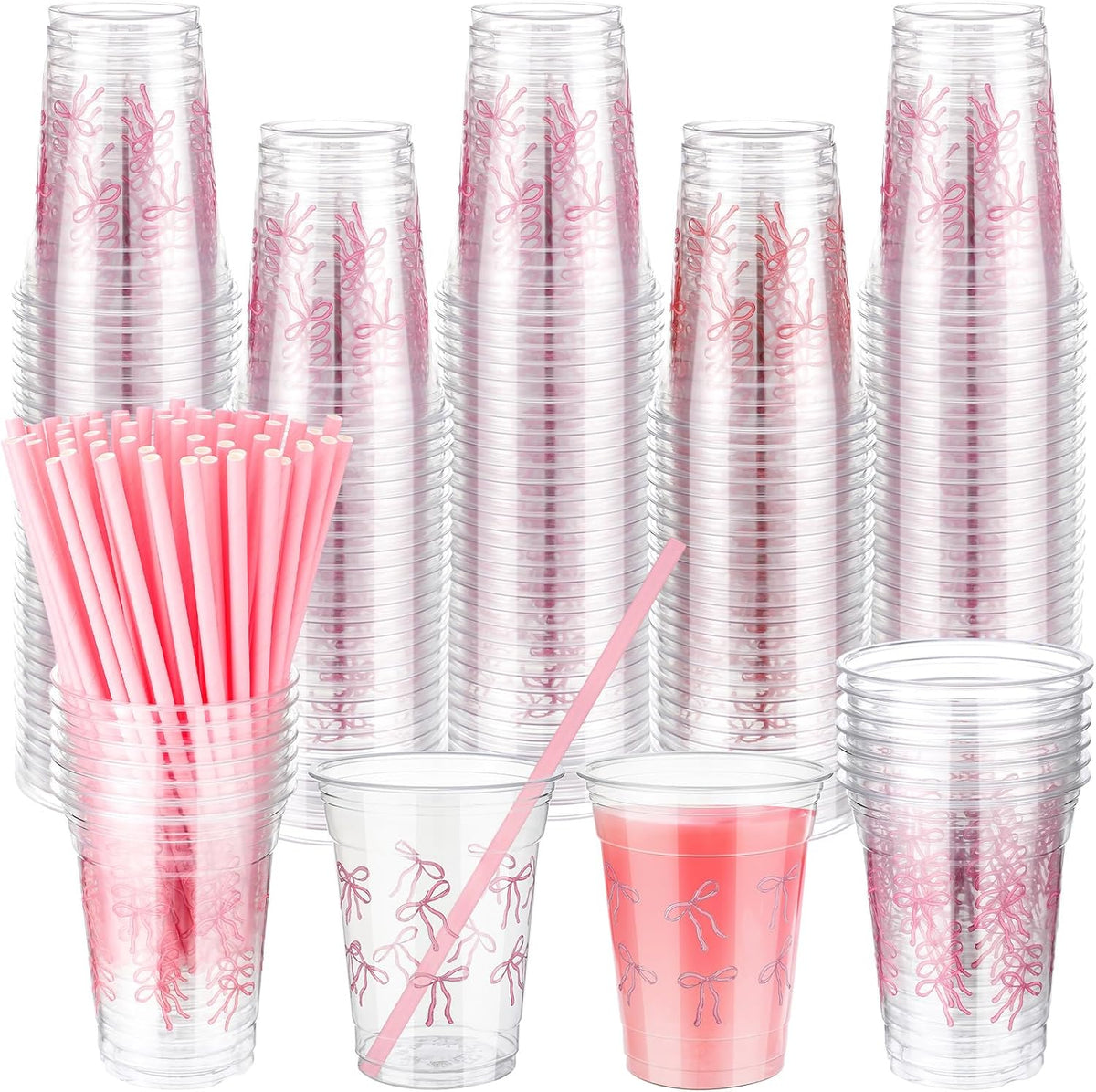 Qinyoung 100 vasos de plástico de 355 ml con lazo rosa y pajitas de papel para fiestas. Vasos desechables para café con lazo rosa para San Valentín, baby shower, cumpleaños, bodas y fiestas nupciales.