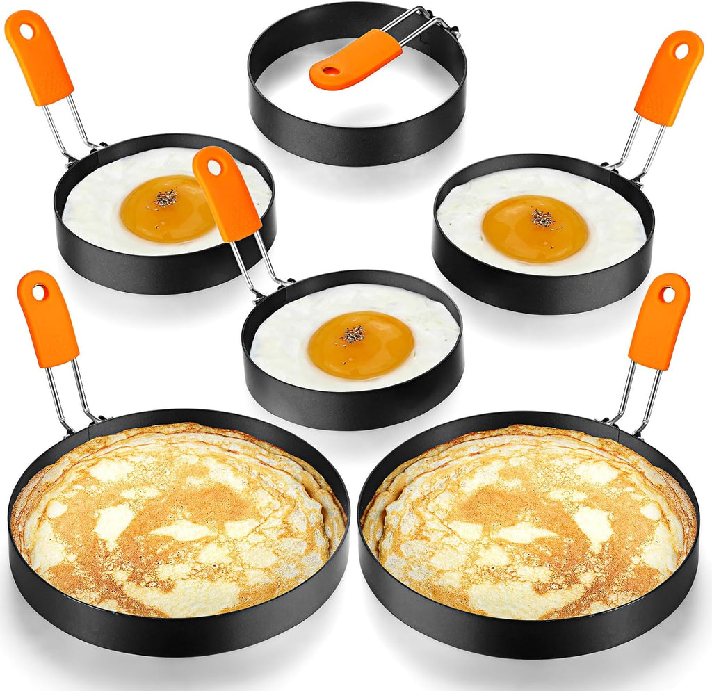 Moldes para Huevos, Tortitas y Tortillas Patelai Pack 6 – Acero Inoxidable Profesional con Mango Silicona Naranja, 4" y 6"