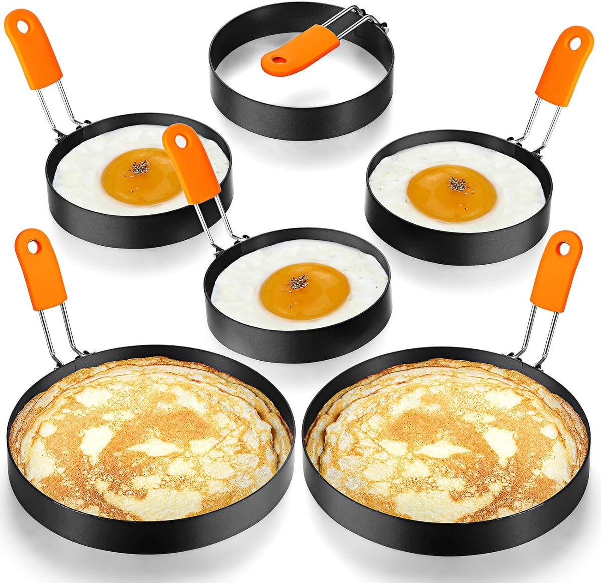 Moldes para Huevos, Tortitas y Tortillas Patelai Pack 6 – Acero Inoxidable Profesional con Mango Silicona Naranja, 4" y 6"