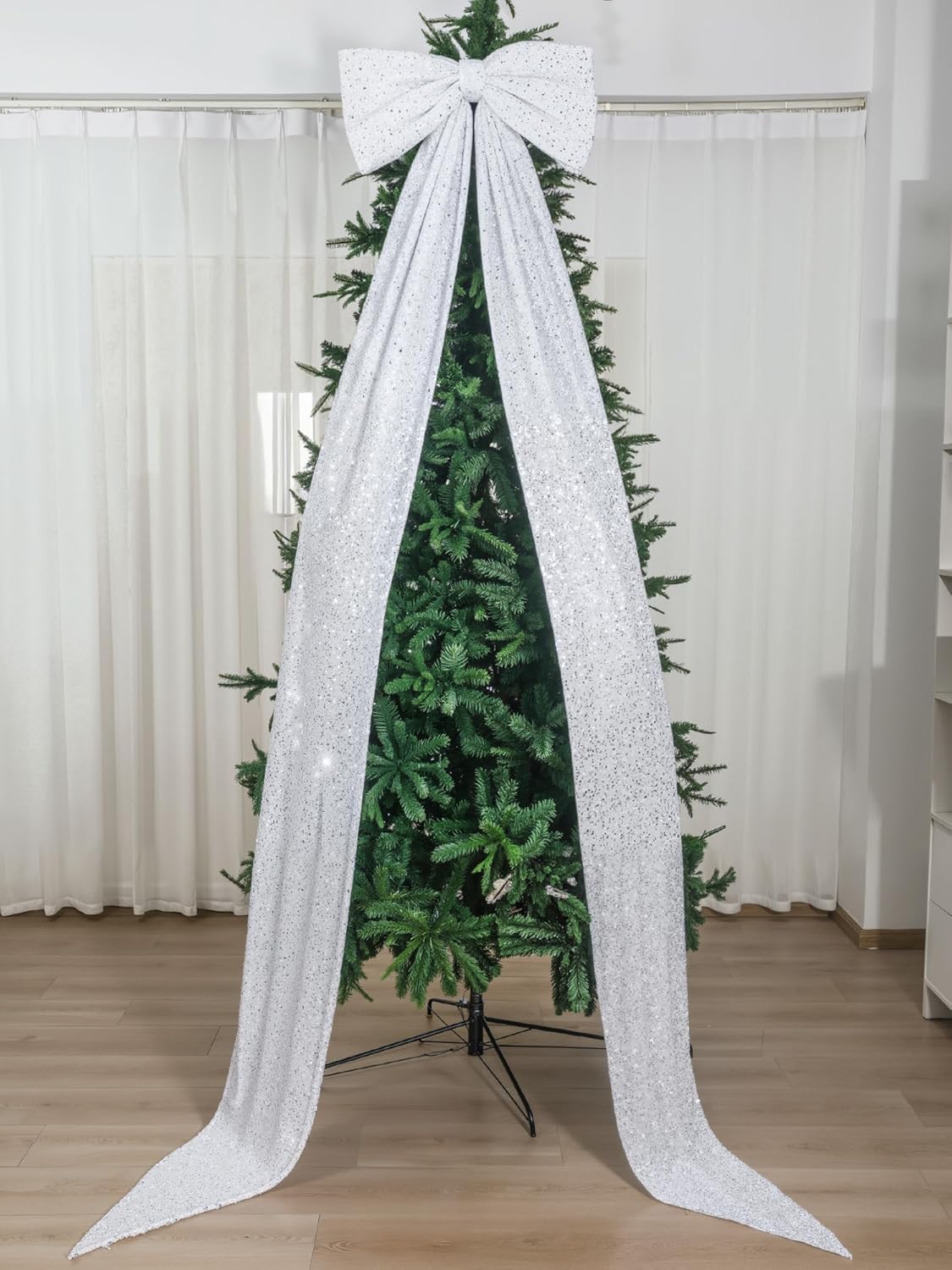 Big Bow Decor 118x28 Inch Velvet Sequin Bow for Wedding Wall Backdrop Extra Large Glitter Giant Tree Topper Huge Oversized Decoration for Room Front Door Party Backdrop Birthday(White)
