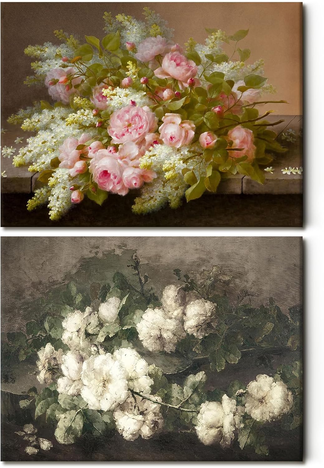 Arte de Pared Floral Vintage | Set 2 Piezas en Lienzo Enmarcado | Peonias Rosas y Flores Blancas Botanicas 30x41 cm | Decoracion Farmhouse