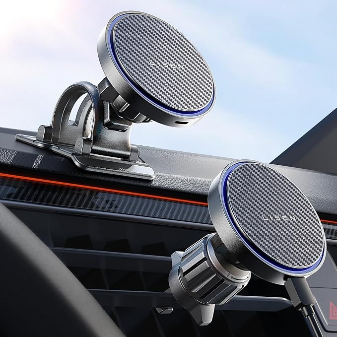 LISEN para cargador inalámbrico MagSafe para coche [carga superior de 15 W] Soporte para teléfono de coche Cargador inalámbrico para iPhone 17 Pro Max Soporte magnético para teléfono de coche para iPhone 17 Pro Max Air 16 15 14, Fibra negra