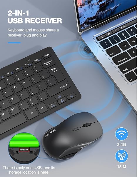 TECKNET Combo de Teclado y Ratón Inalámbrico, Mini Teclado de Computadora Inalámbrico y Conjunto de Ratón 2.4GHz, 1600 DPI Ajustable Silencioso, Clic Silencioso, Sin Retraso para Computadora, Laptop