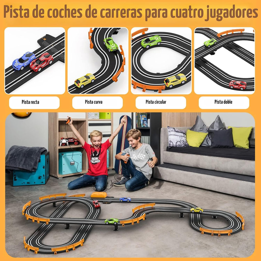 Pista de Carreras con 4 Autos de Alta Velocidad — Juego Dual con Contador de Vueltas, Paso Elevado Circular, Para Niños de 6 a 12 Años