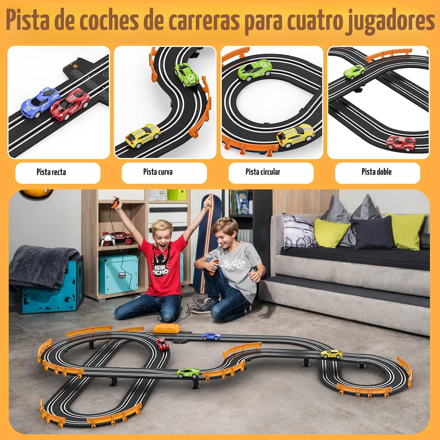 Pista de Carreras con 4 Autos de Alta Velocidad — Juego Dual con Contador de Vueltas, Paso Elevado Circular, Para Niños de 6 a 12 Años
