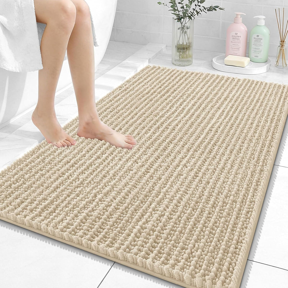 Alfombra de Baño OLANLY Chenilla 40x32" Beige – Gruesa, Suave, Antideslizante, Lavable y Secado Rápido