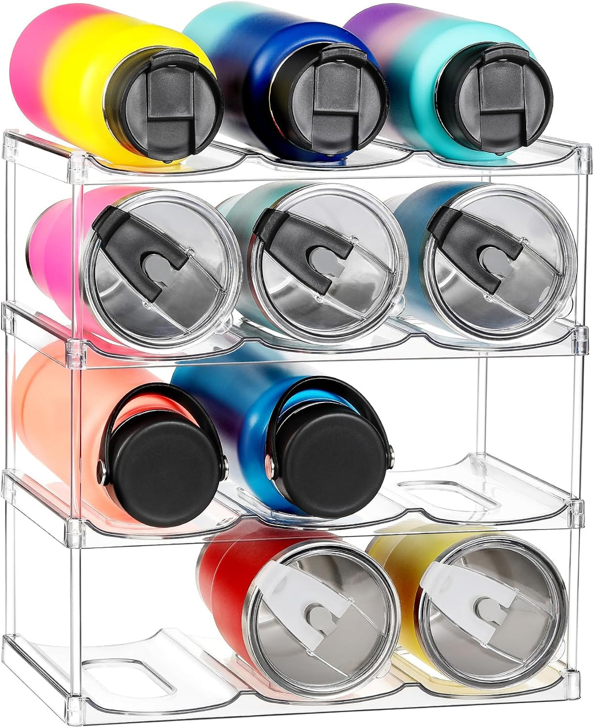 Organizador Apilable de 4 Niveles para Botellas y Tumblers Stanley – Transparente, Capacidad 12 Unidades para Cocina y Refrigerador