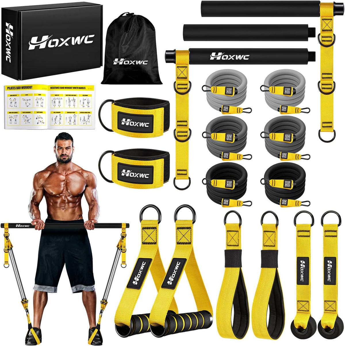 INCOMPLETO-HOXWC Equipo de Pilates pesado, kit de barra de Pilates portátil con bandas de resistencia, equipo de entrenamiento de sentadillas ajustable profesional para hombres, entrenamiento de fuerza muscular en el gimnasio en casa