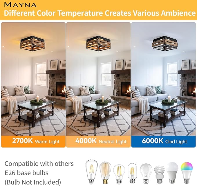 Lámpara de Techo Rustic Farmhouse MAYNA | 2 Luces | Metal y Madera | Cocina, Pasillo, Dormitorio