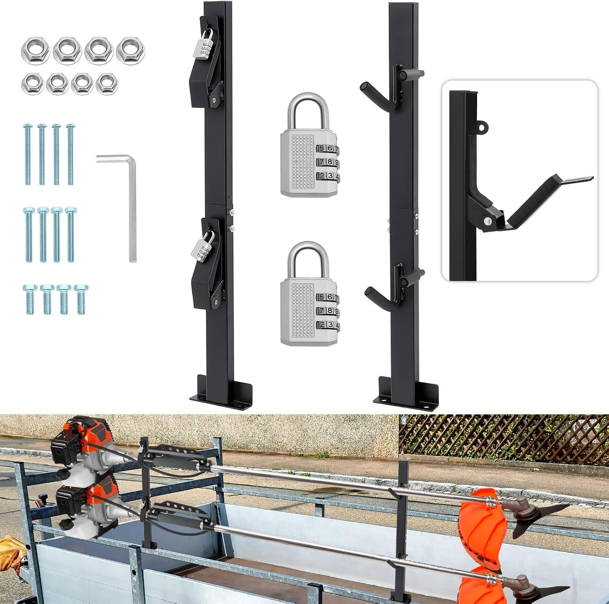 Rack para Bordeadoras Zonon con Cerradura | Soporte Weedeater para Trailer de Jardineria | 2 Posiciones
