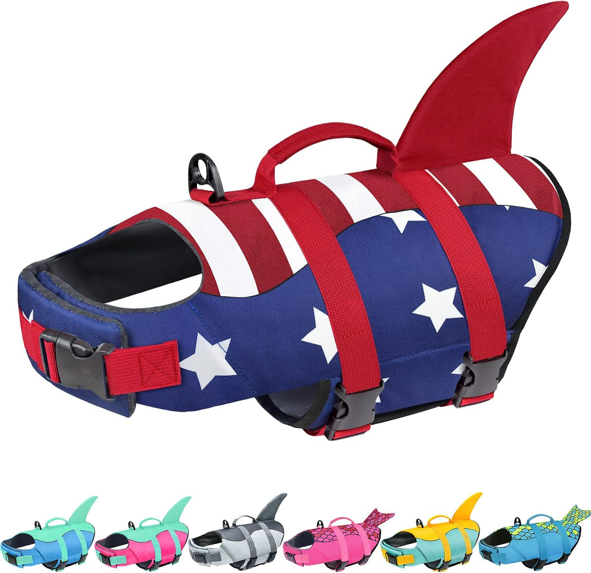 Chaleco salvavidas para perros Malier, chaleco salvavidas antidesgarro con la bandera estadounidense para nadar y navegar, chaleco salvavidas Shark Puppy con traje de baño de alta flotabilidad para perros pequeños, medianos y grandes (extragrande).