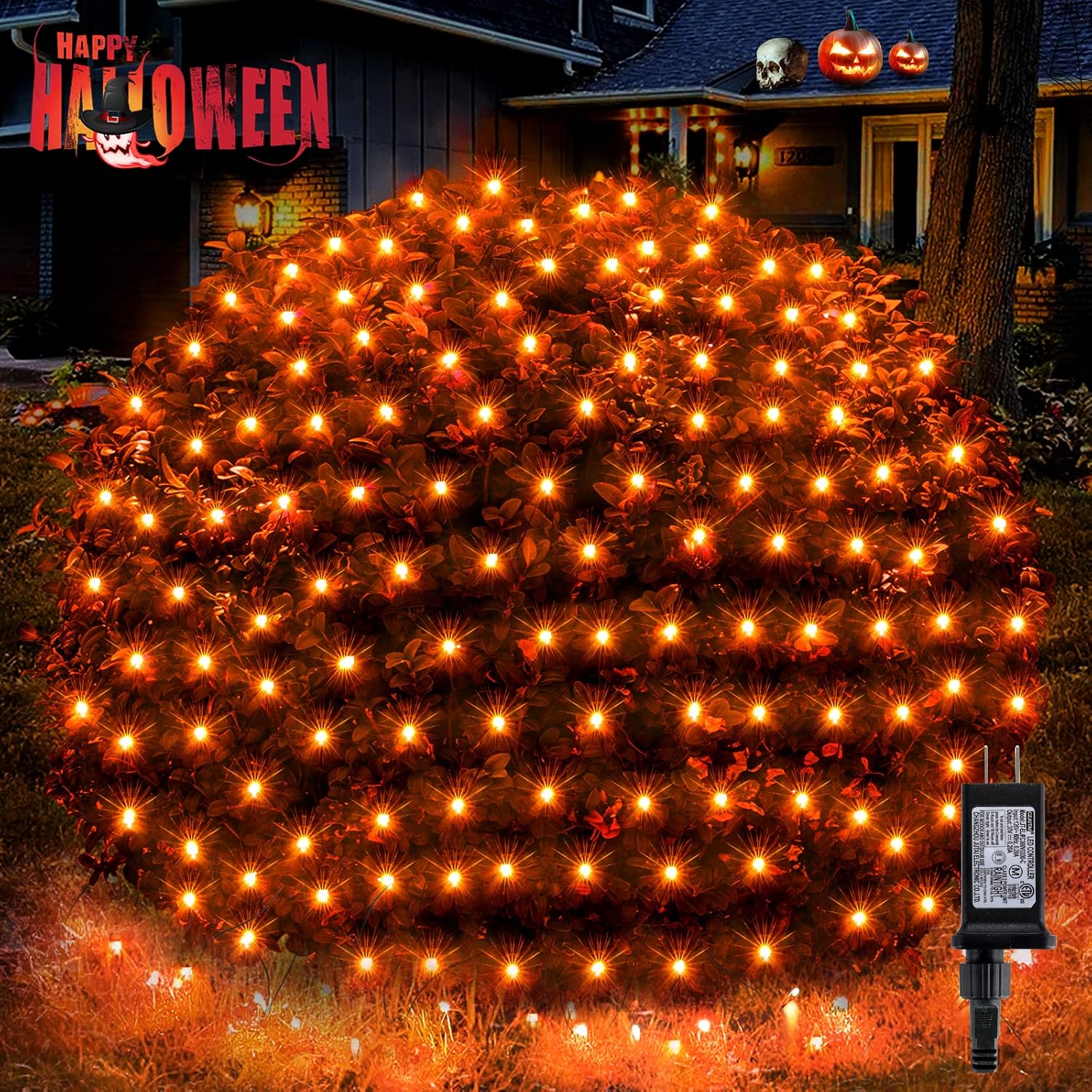 BlcTec Luces de Halloween con 200 luces LED de 8.4 x 5.2 pies de color naranja con 8 modos, certificado UL, temporizador, conectable, impermeable, cable verde oscuro para árboles, arbustos, arbustos, césped, decoraciones de Halloween al aire libre
