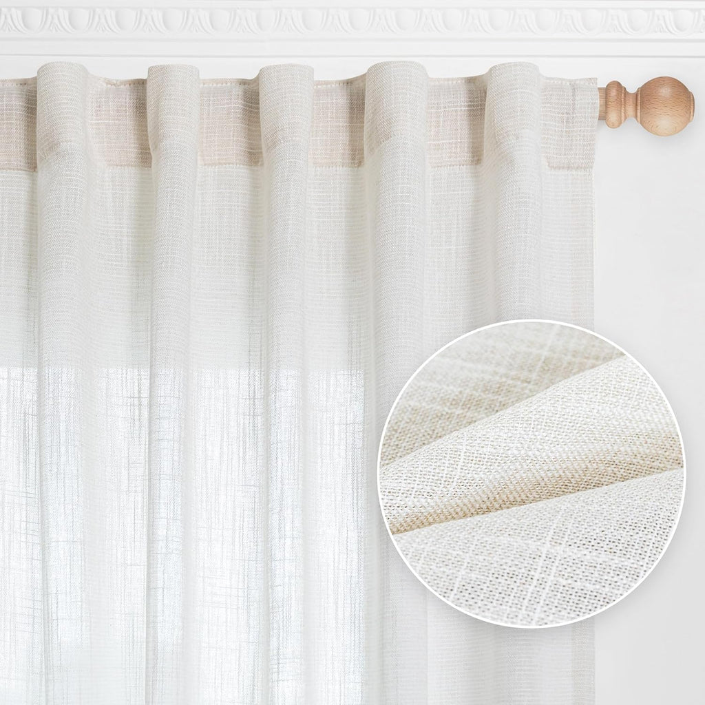 MYSKY HOME Natural Curtains 84 Inches Long, Semi Sheer Light Filtering Soft Window Drapes for Living Room Back Tab Elegant Farmhouse Country Bedroom Curtains, Beige White, 50" x 84", Pack-2