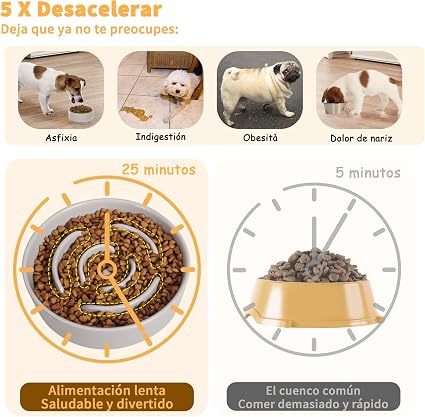 Plato Slow Feeder Cerámico para Perros Medianos y Grandes — Comedero Elevado Antideslizante Gris 8.26", Laberinto Moderno