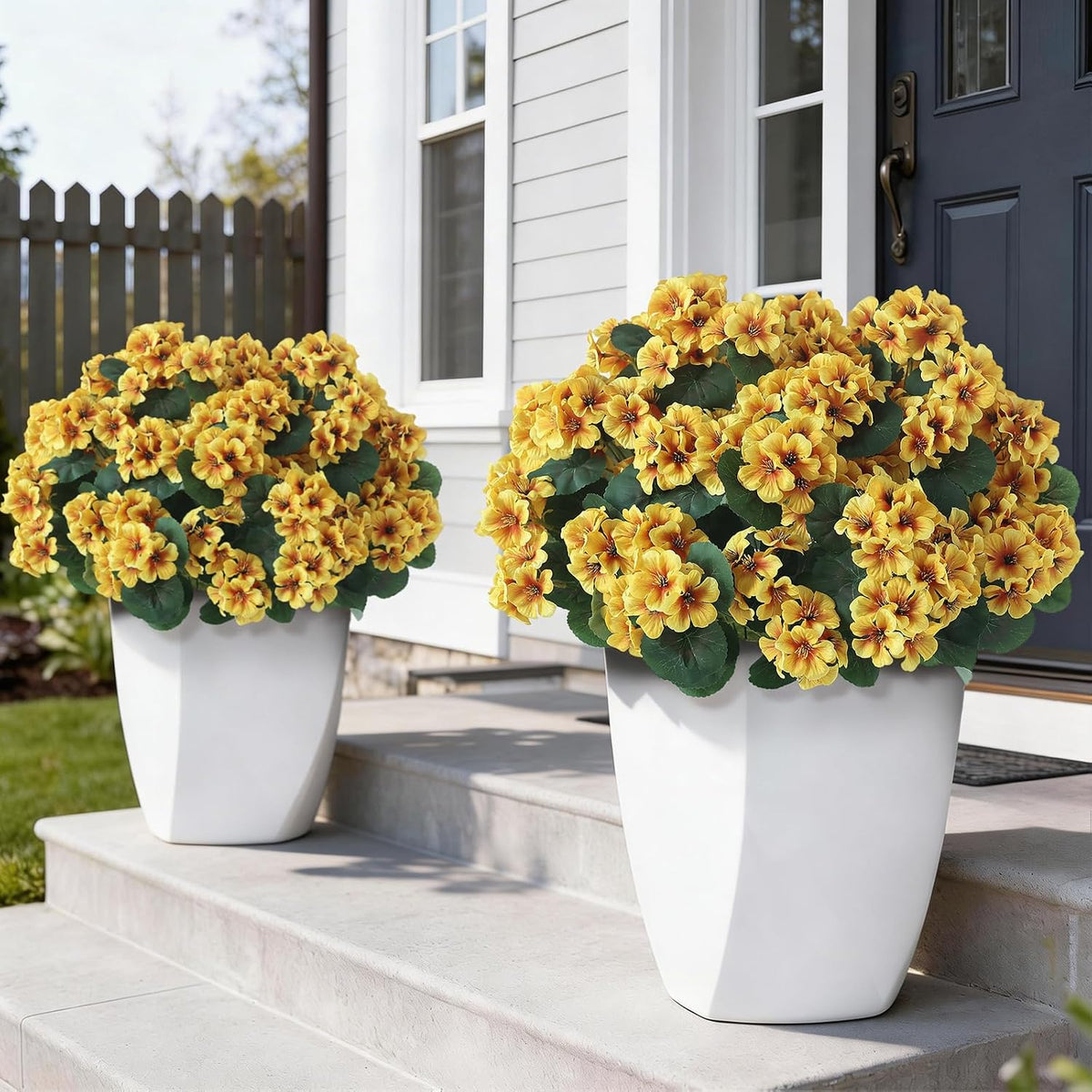 GLIDLION 24 manojos de flores artificiales de geranio para decoración de primavera y verano, plantas artificiales resistentes a los rayos UV, ramos realistas de seda sintética para la puerta principal, casa de campo, jardín (amarillo)