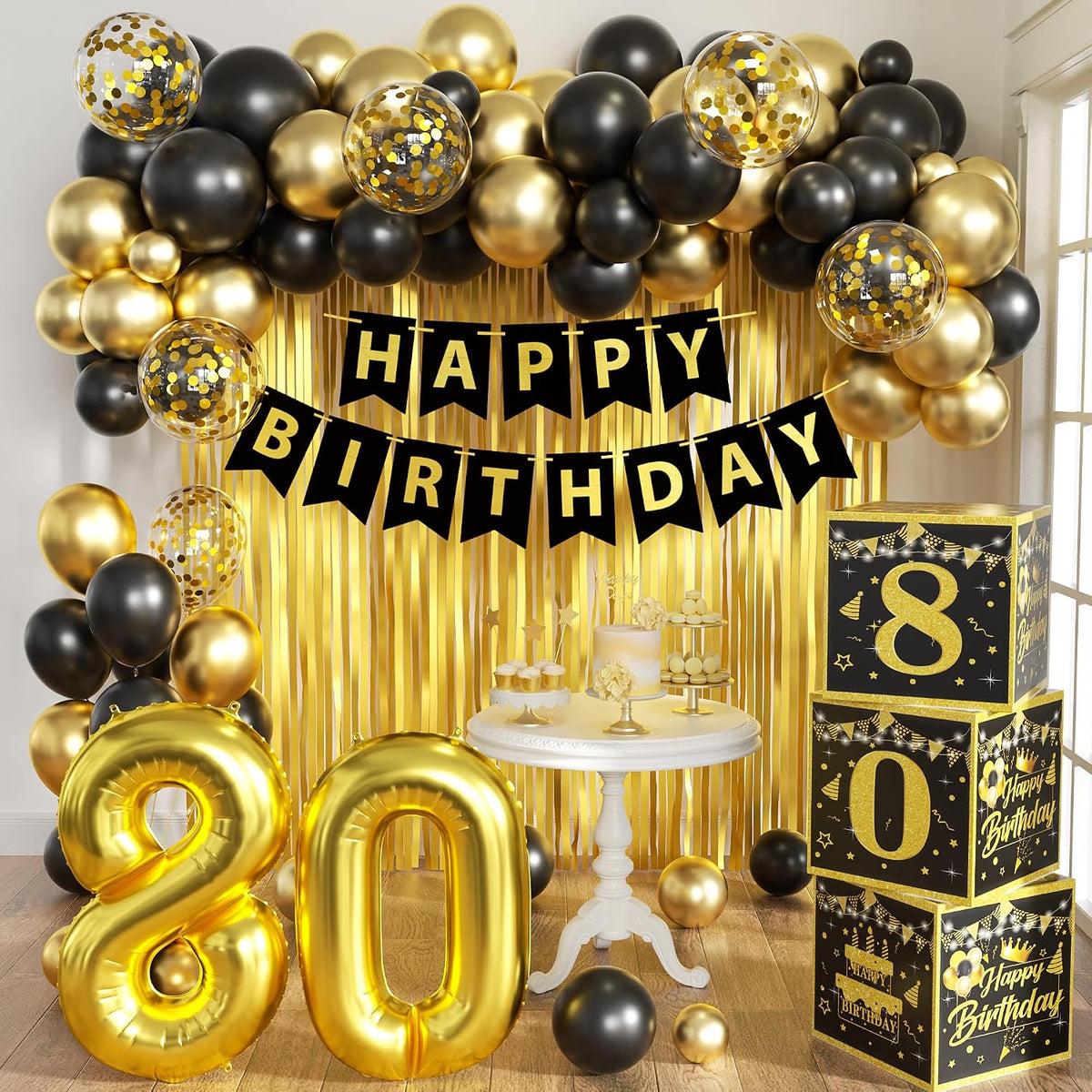 Kit Decoraciones Cumpleaños 80 Años – 3 Piezas Negro y Oro, Cajas, Globos y Favores para Hombres