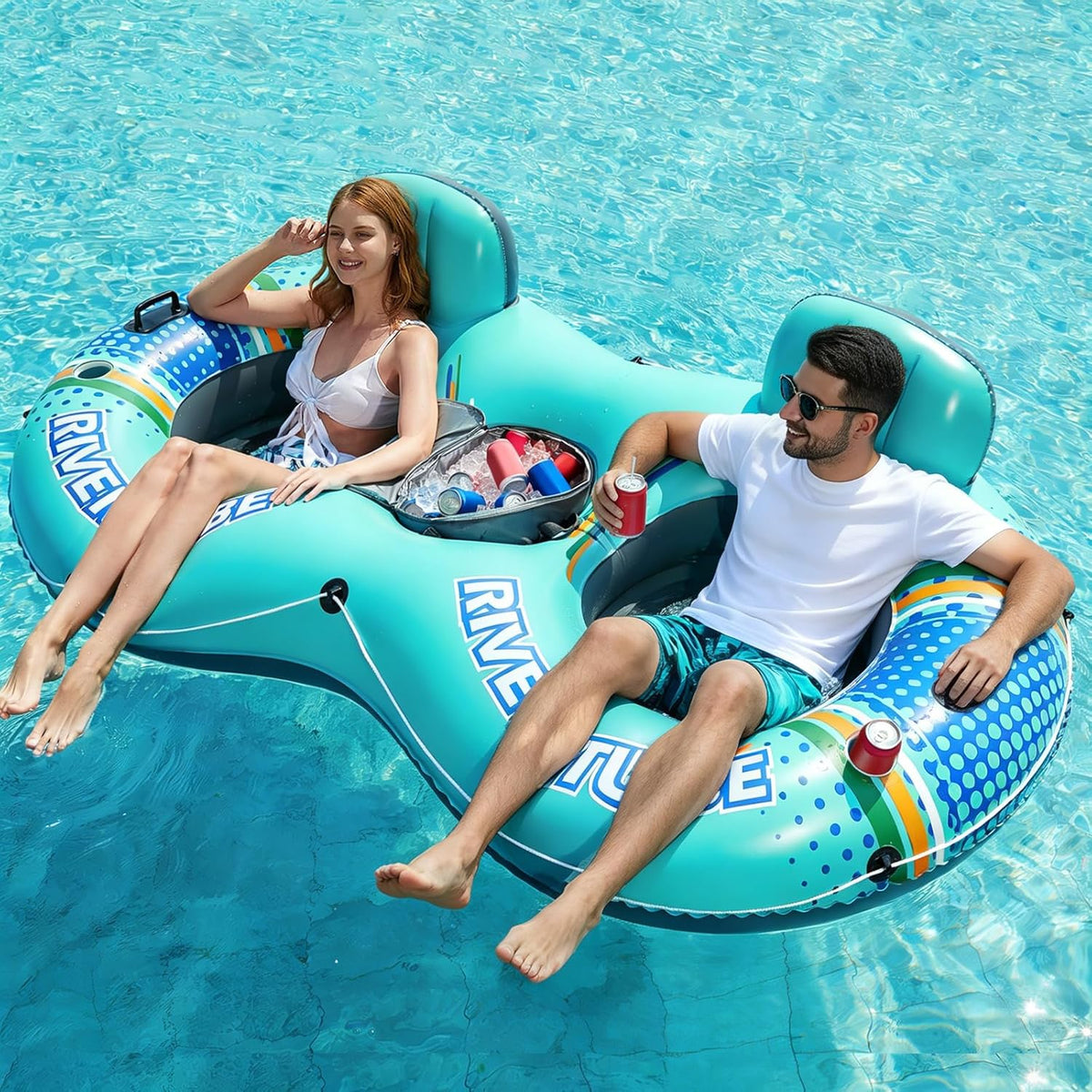 USADO Jasonwell Flotador Inflable de Rio y Piscina 2 Personas Servicio Pesado | con Hielera Removible | Balsa Lounge para Lago Rio | 2 Portavasos para Adultos | Cian
