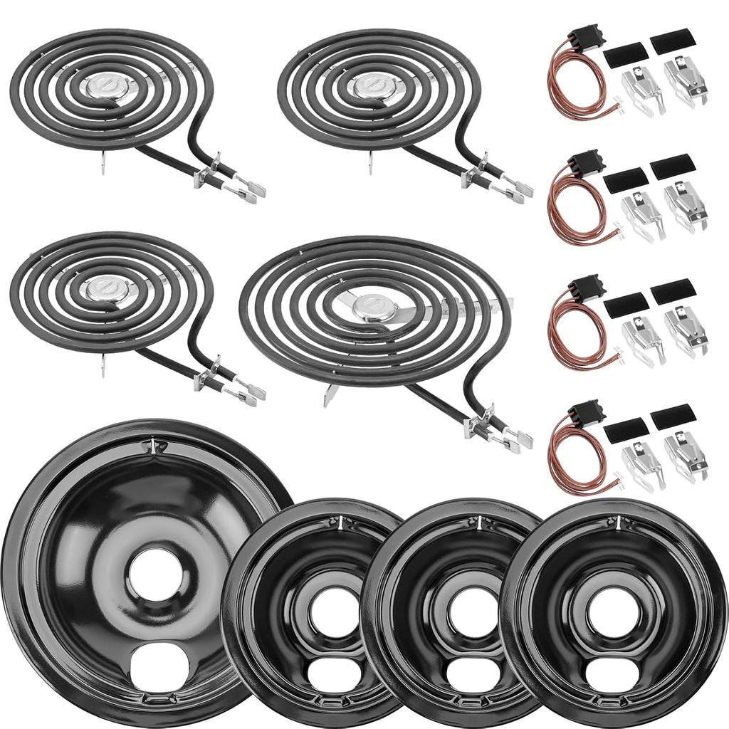 Kit de Repuesto para Estufa Eléctrica Cenipar | 4 Charolas de Porcelana (3x6, 1x8), 4 Quemadores (1x8, 3x6) y 4 Bloques de Terminal WB17T10006 | Compatible con GE, Hotpoint y Kenmore